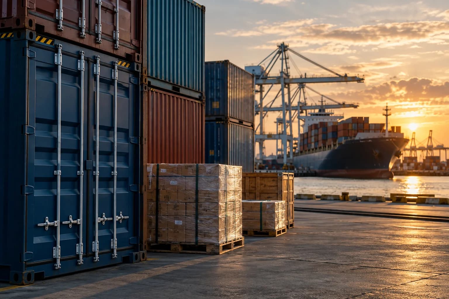 Sealed freight containers and palletised goods at a port