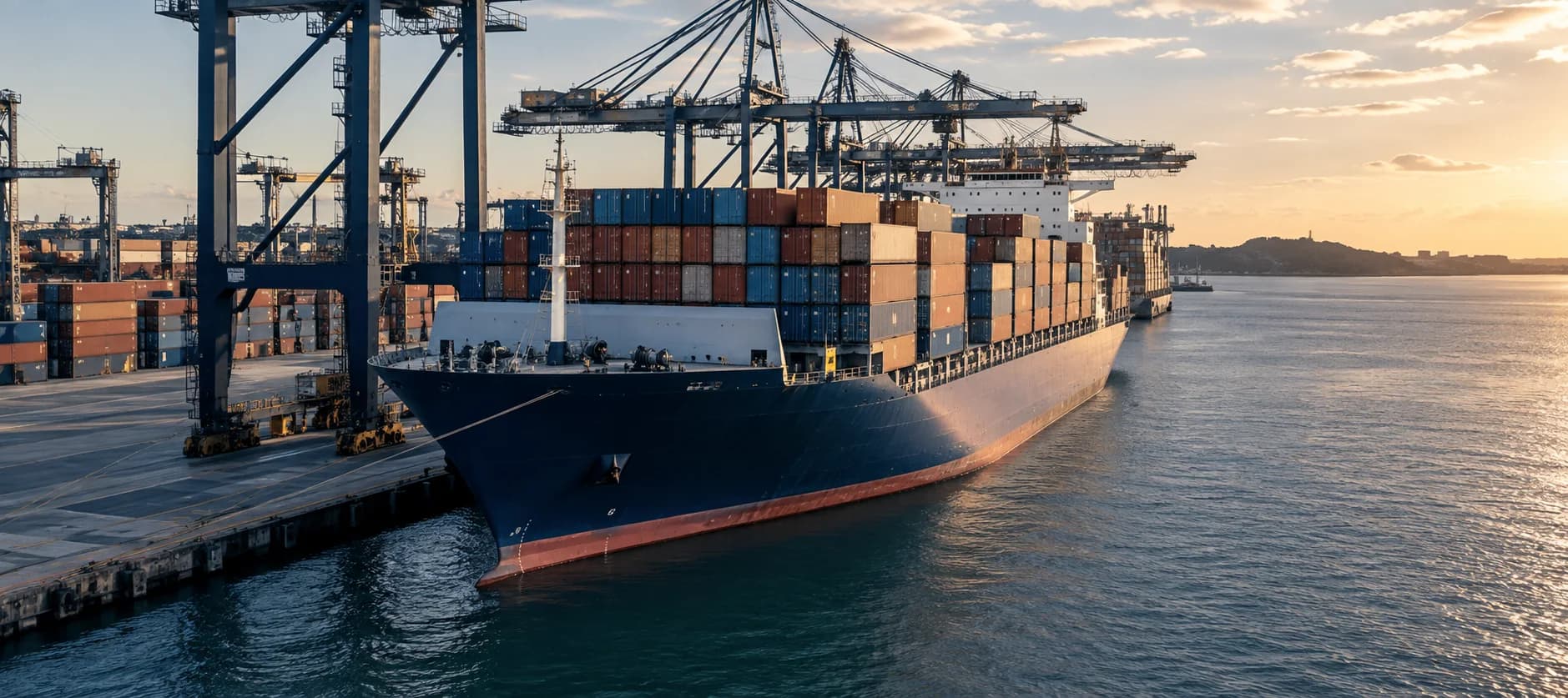 Container ship alongside a commercial port at sunset