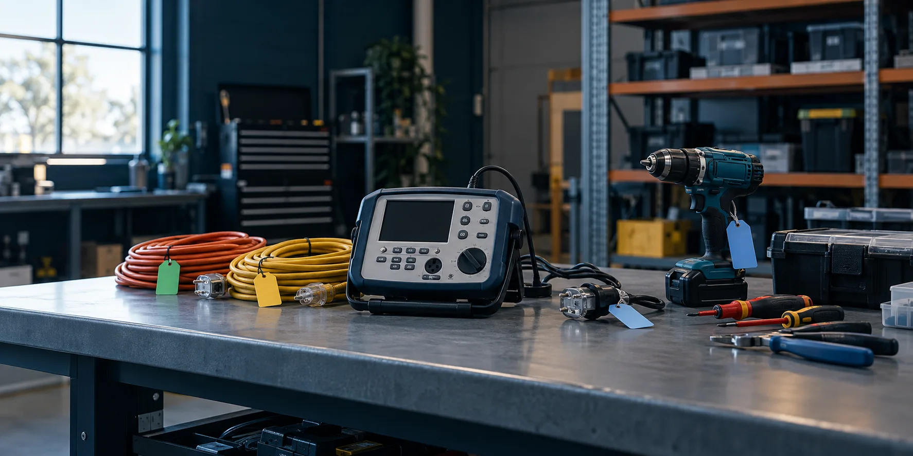 Portable appliance tester, tagged leads and tools on an empty workshop bench