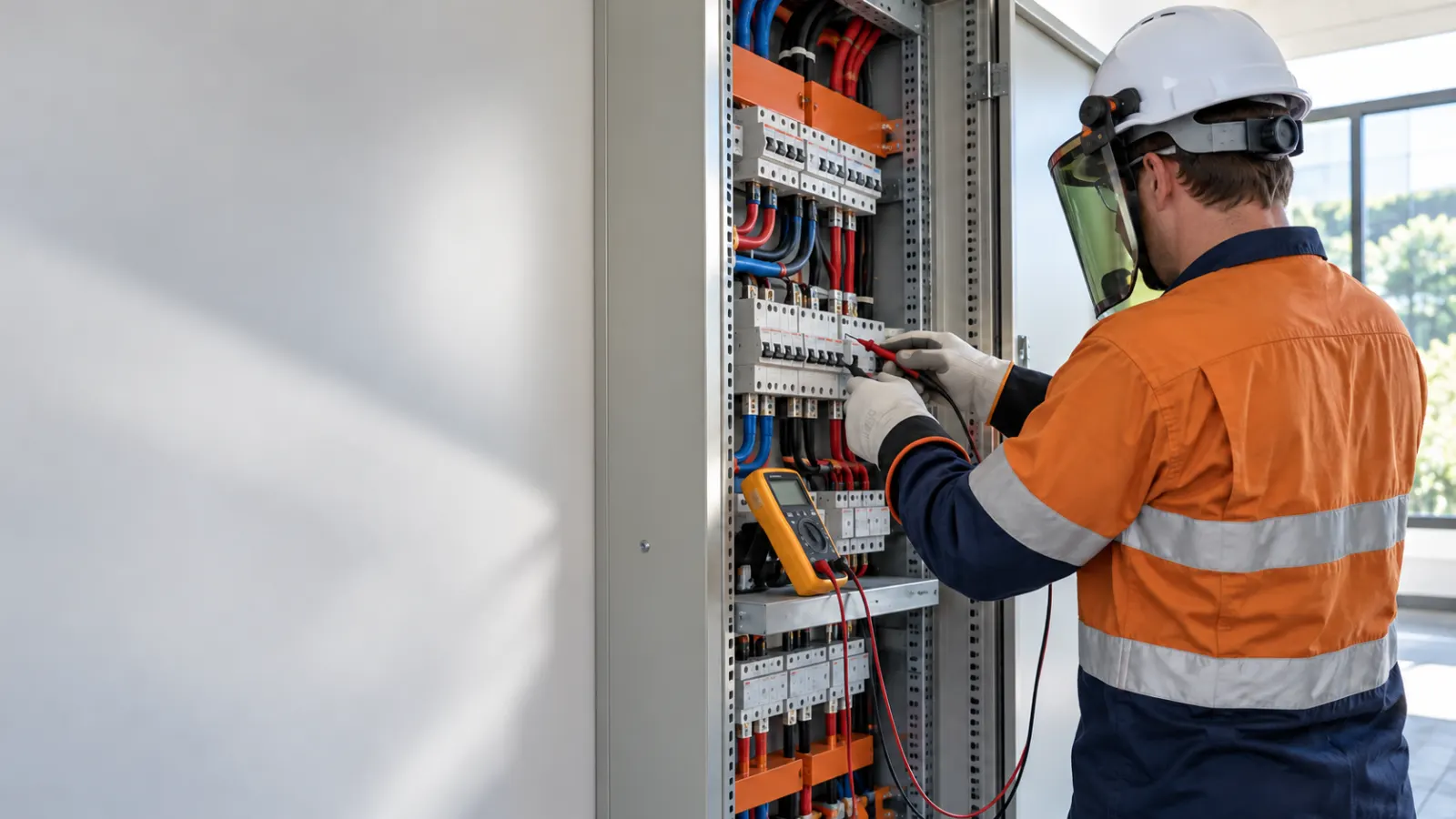 Electrician testing a switchboard inside a commercial building