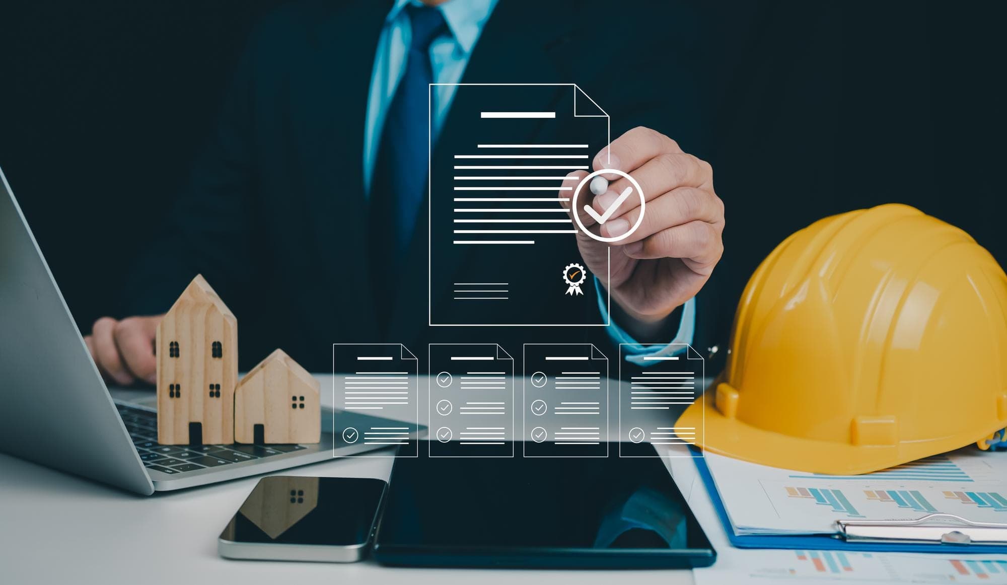 Businessman reviewing builders warranty insurance documents with a yellow hard hat nearby.