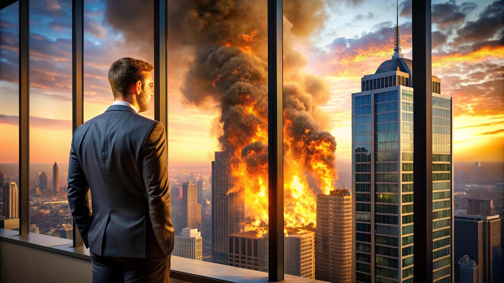 High-rise Fire Impacting Business Businessman observes city high-rise fire through office window, highlighting indemnity period concerns.