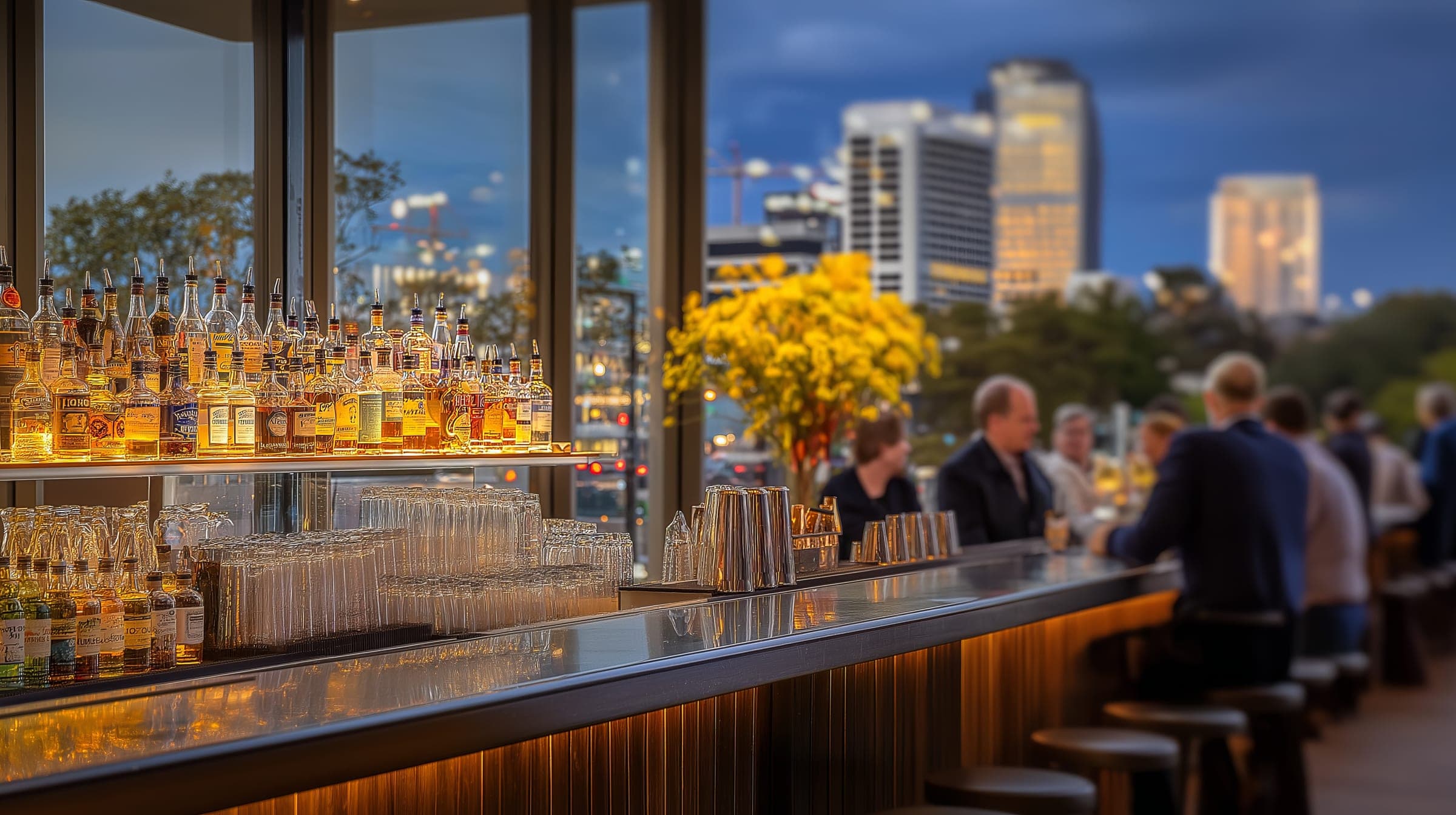 Modern bar setting in Gold Coast hospitality venue at dusk.