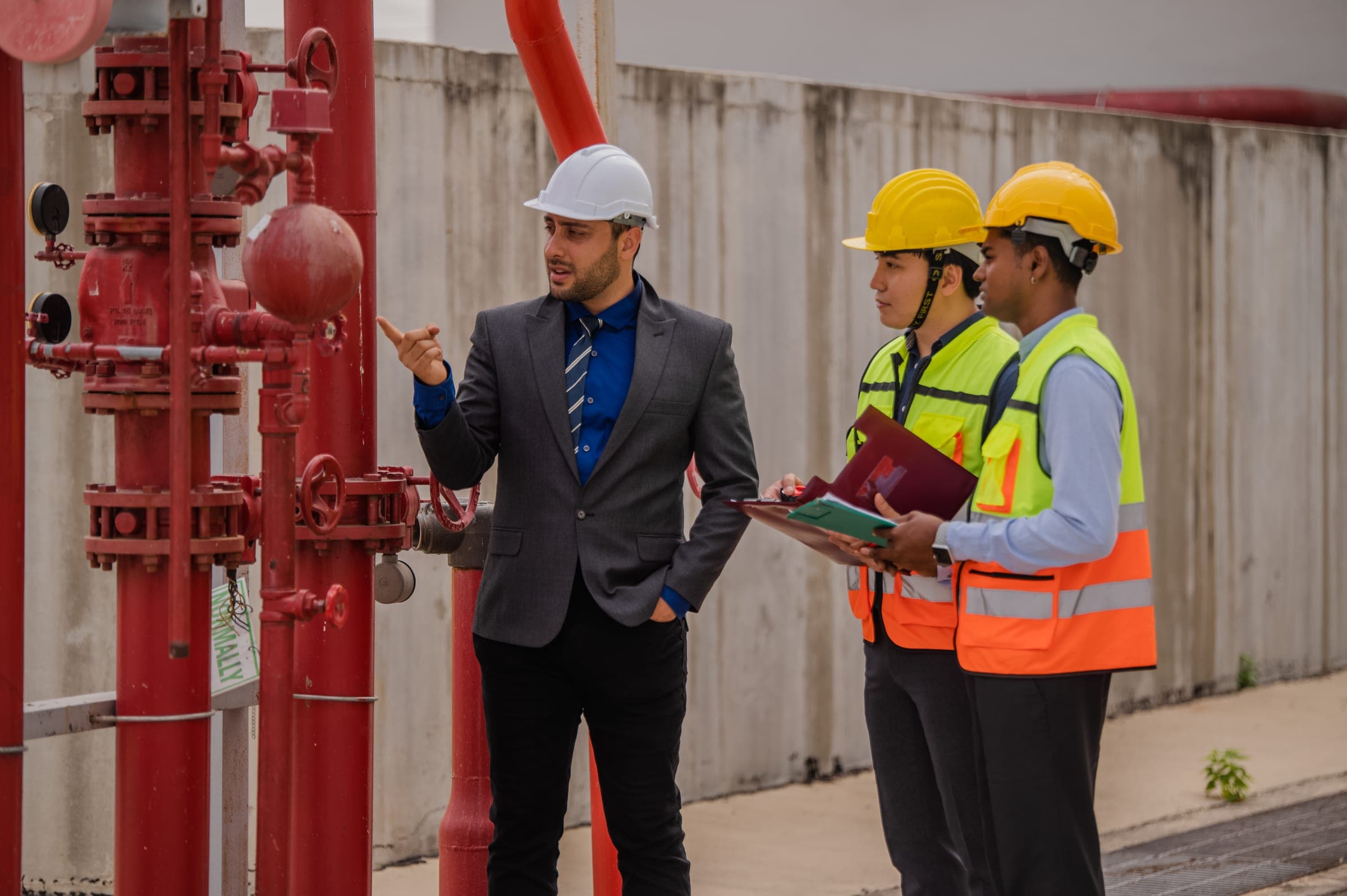 Fire-protection consultants and engineers discuss safety protocols near equipment.