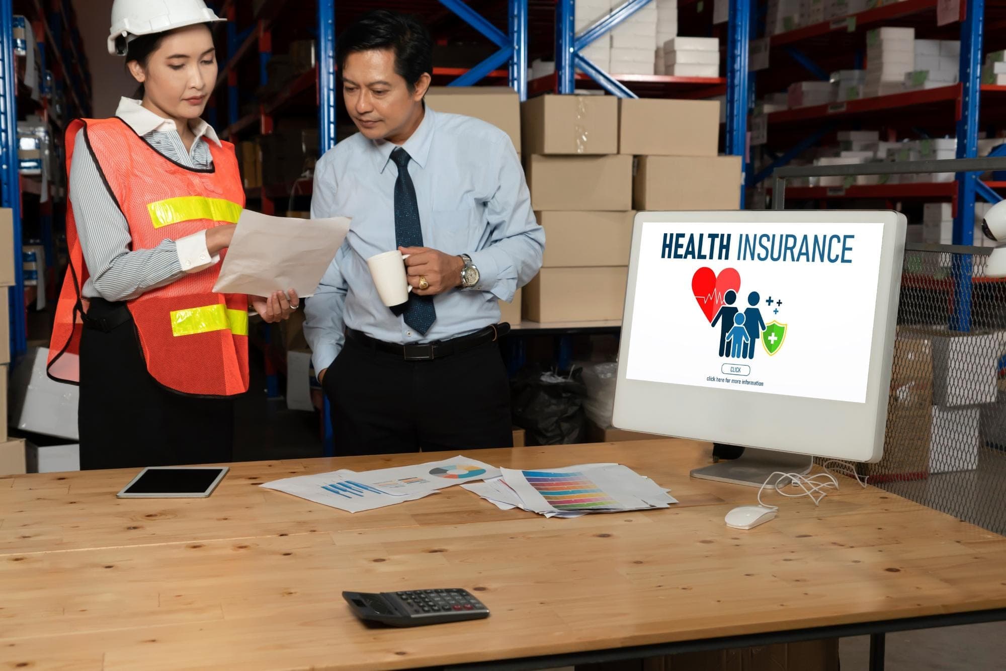 Business owners discuss insurance options in a warehouse setting.